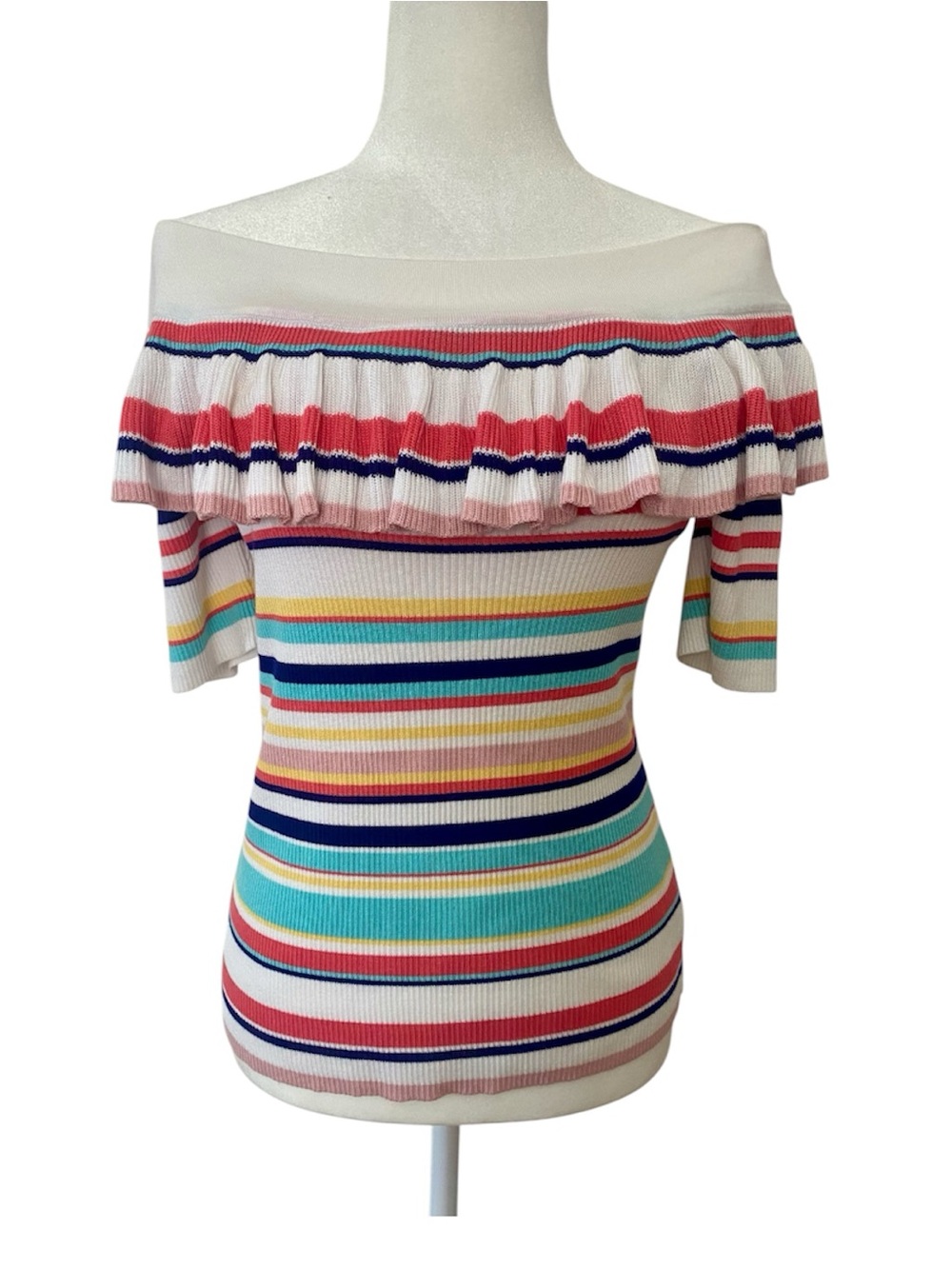 525 America Multicolor Striped Off Shoulder Ruffle Ribbed Knit Top M
